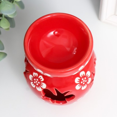 Aroma lamp ceramics "butterflies" white flowers on red 8x8x10 cm-4