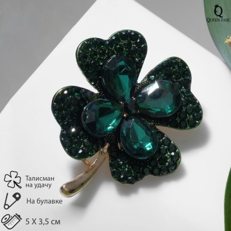Brooch "Clover" for good luck, emerald color in gold