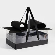 Gift box with a bow, handles and a transparent lid 35 x 21 x 15 cm black