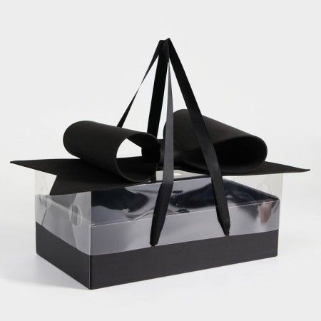 Gift box with a bow, handles and a transparent lid 35 x 21 x 15 cm black