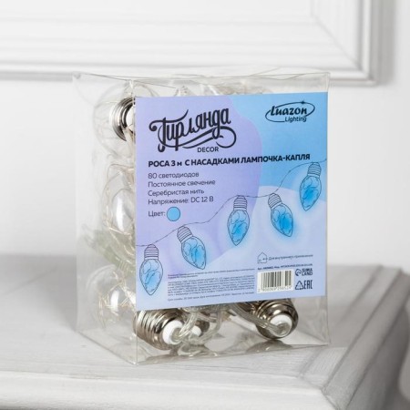 Garland “thread” 3 m with nozzles “drop bulbs”, ip20, transparent thread, 80 LED, glow blue, 8 modes, 220 V-4