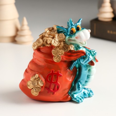 Piglite Polystone "Blue Dragon with a bag of gold coins" 10.2x7.2x10.6 cm