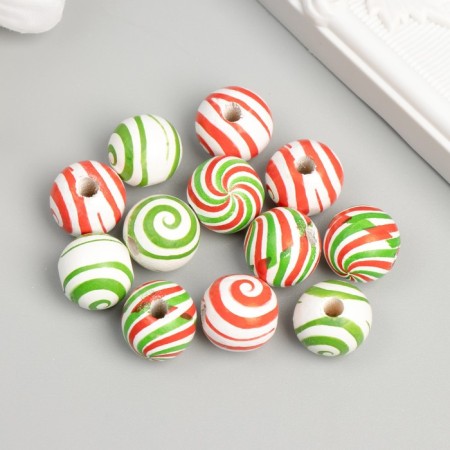 Beads tree for creativity "Round. Red, green patterns on white" D = 1.6 cm set 12 pcs 95808