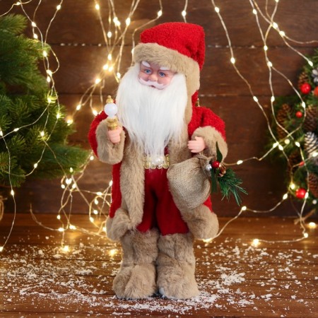 Santa Claus "In a suit with brown fur" moves, with a backlight, 40 cm, red