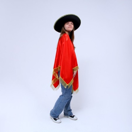 Mexico carnival costume, hat, poncho, red color-1