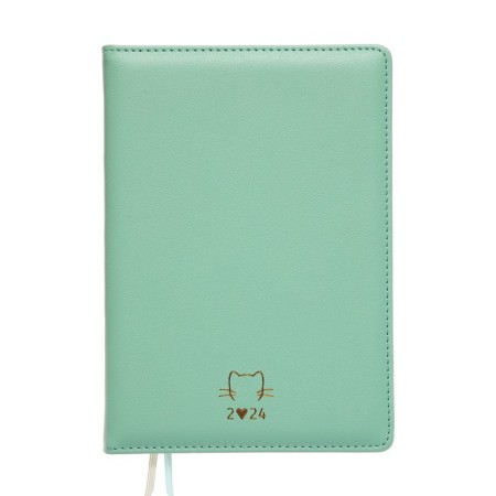 Dated diary 2024 A5 176 sheets, Devente.I Love Cat, hard leather cover, foil, lies, cream block 70 g/m2, peppermint