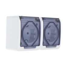 The outlet is double, 16 A, overhead, with salary, IP44, street, white
