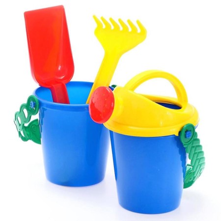 Set for playing the sand, small bucket, scoop, rake, watering can, color mix
