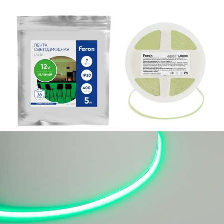 Feron 5 m, IP20, COB LED strip, 400 LED/m, 7 W/m, 12 V, Green glow