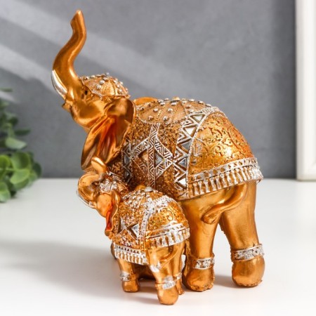 Souvenir Polystone "Golden Elephant with an Elephant in the Mirror Popon" 17.5x15x9.5 cm-2