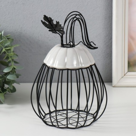 Vazon Metal souvenir, ceramics "Pumpkin with a leaf" Black with white 14.3x14.3x21 cm-2