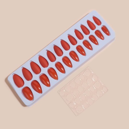 Patch nails, 24 pcs, with adhesive plates, almond shape, coral color-2