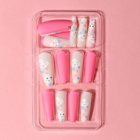 Pink Dream Frinding Nails, 24 pcs, adhesive plates, ballerina shape, pink/beige/white color-3