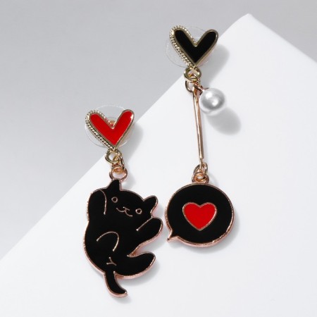 Earms with enamel "cat" with hearts, black-red color in gold-1