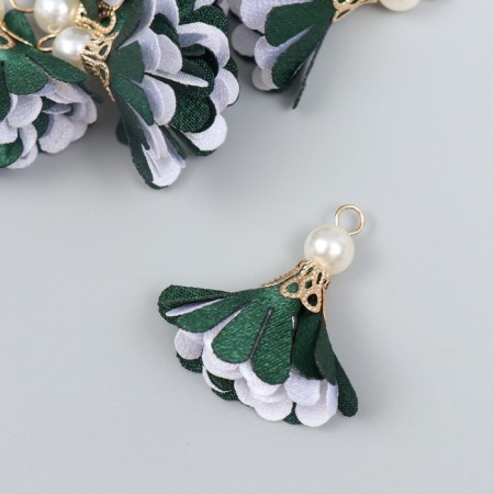 Decor Textile "Flower 2 colors with pearls. Coniferous and white" set 6 pcs 3 cm