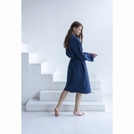Essential bathrobe, multilayer muslin, size S, dark blue color-2