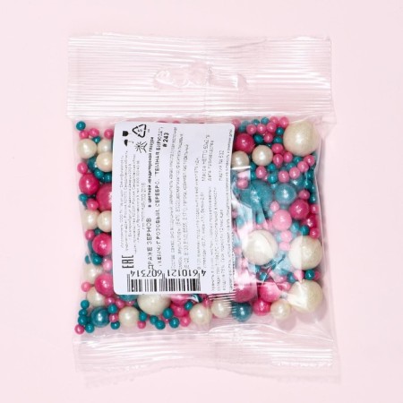 Confectionery sprinkling with a soft center: pink pearls, silver, dark turquoise, 50 g-3