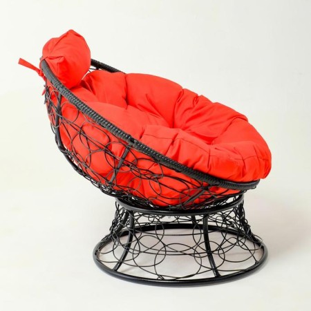 Armchair "Papasan" mini, rattan, with a red pillow, black frame, 81x68x77cm-1