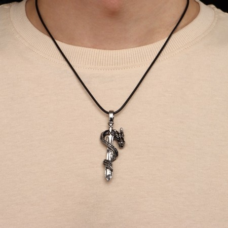 Unisex “Dragon” pendant with a sword, color black silver on a black lace, 44 cm-4