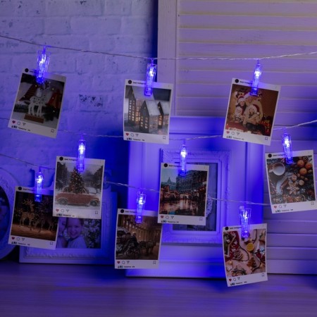 Garland “thread” 4.5 m with nozzles “clothespins”, IP20, transparent thread, 20 LED, glow blue, 220 V