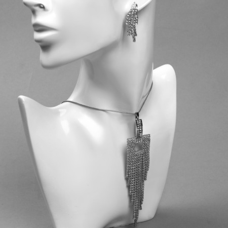 Set 2 objects: earrings, pendant "waterfall" square, white color in silver-3