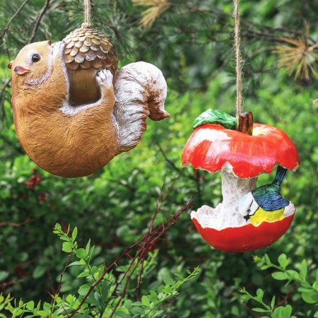Suspended feeder for the garden and the cottage "Red Apple with a bird" from the polystone, 14cm, small-1