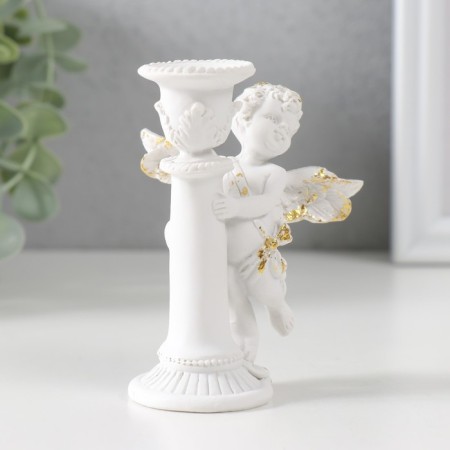 Polystone candlestick for 1 candle "Angel on a column" D-1.2 cm white with gold 9.8x8x7 cm-1