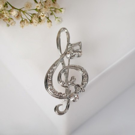 Brooch "Violin key" and notes, white color in silver-4