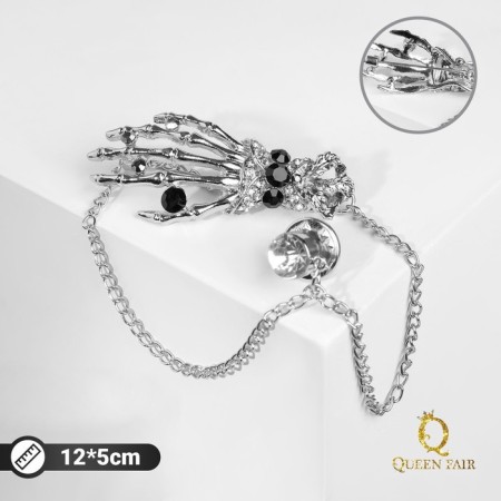 Brooch "Skeleton" with a chain, black and white color in silver