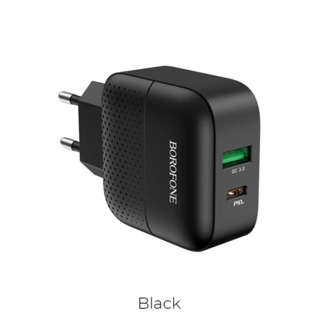 Network charger Borofone BA46A, USB Qc3.0 3 A, Type-C PD 3 A, Black-1