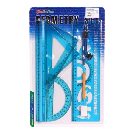 Set of geometric, drawing, blister: ruler 30 cm, 2 triangles, transporter, eraser, compass, ruler with stencils, tinted, mix-5