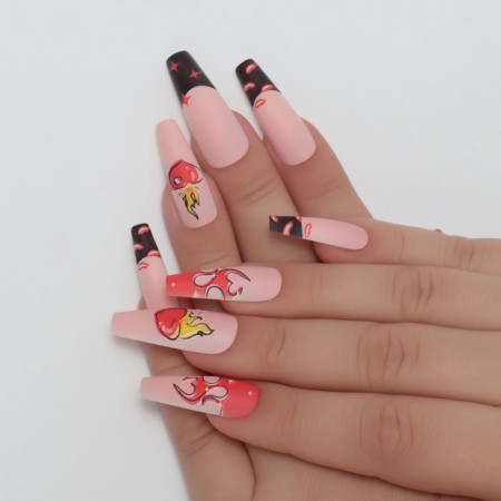 Flame overhead nails, 12 pcs, with glue plates, ballerina shape, beige/red/black color-7