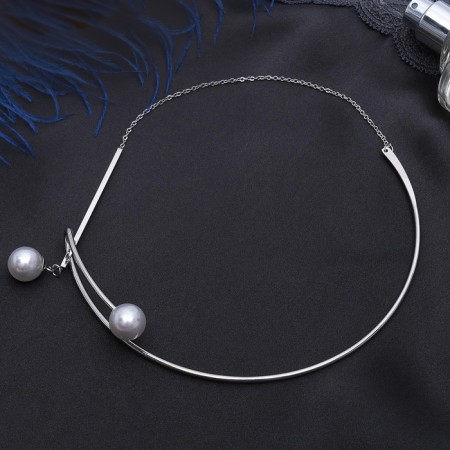 Neck “Noel” beads with a chain, ball No. 12, white color in silver, l = 12.5 cm-2