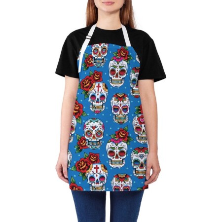 Apron kitchen with a photo print "Skull with flowers", adjustable, size OS