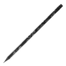 Chernographic pencil, with an eraser, hardness of HB, black body, round with a pattern, sharpened
