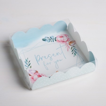 Cookie box, confectionery packaging with PVC lid, Present for You, 13 x 13 x 3 cm