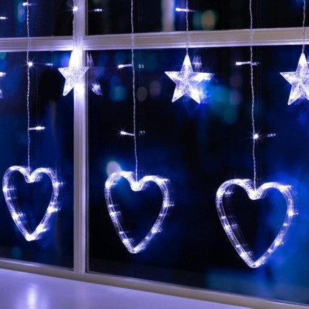 Garland “fringe” 2.4 × 0.9 m with nozzles “heart”, ip20, transparent thread, 186 LED, white glow, 8 modes, 220 V-2