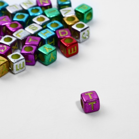 Acrylic bead "English letters" mix, golden, cube 6 × 6 mm, set 10 g, color mix-1