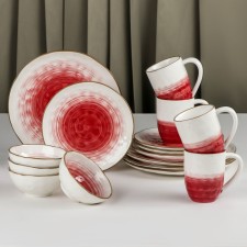 A set of porcelain dishes of the Cosmos, 16 objects: 4 plates d = 21 cm, 4 plates d = 27.5 cm, 4 bowls d = 13 cm, 4 circles 400 ml, red red color