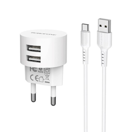 Network charger Borofone BA23A, 2XUSB, 2.4 A, Type-C cable, 1 m, white-1