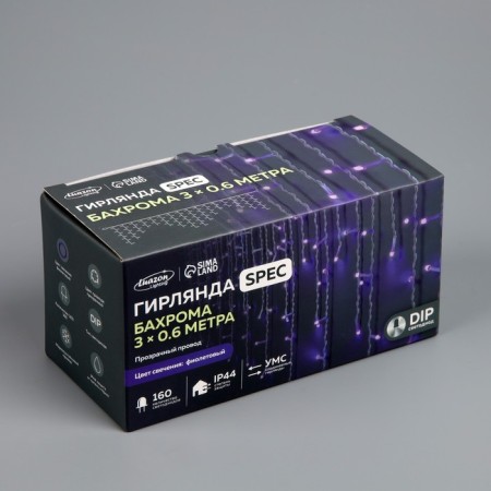 Garland "fringe" 3 × 0.6 m, IP44, UMS, transparent thread, 160 LED, purple glow, 220 V-6