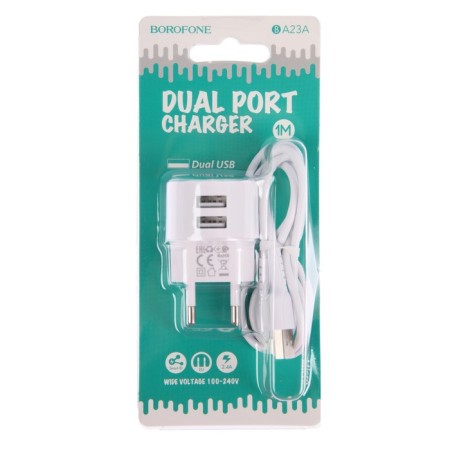 Network charger Borofone BA23A, 2XUSB, 2.4 A, MicroUSB cable, 1 m, white-2