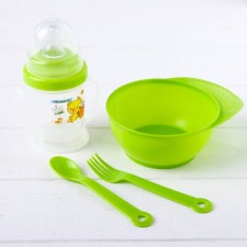 A set of children's dishes, 4 items: a bowl of 300 ml, a bottle for feeding 180 ml, spoon, fork, mix color
