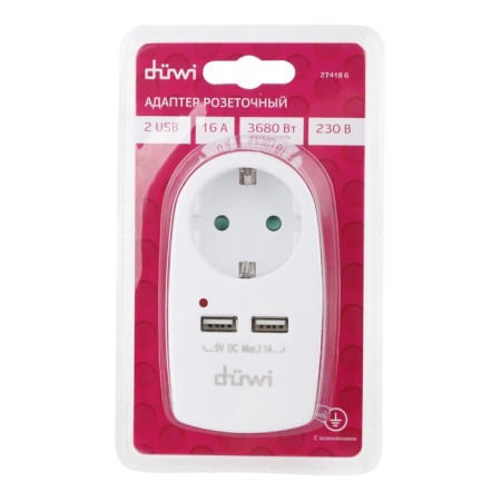 Adapter 1 Nest + 2 USB port on the European fork s/h 16a 230v 3680W ip20 white 27418 6,-8