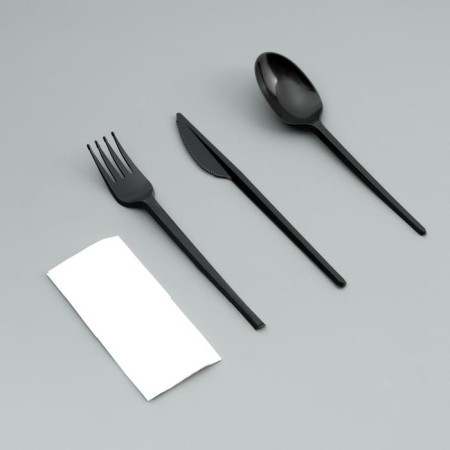 A set of disposable dishes "Fork, spoon, knife, napkin" Black, 16.5 cm
