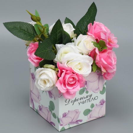Gift box for flowers with PVC lid, packaging, “teacher”, 12 x 12 x 12 cm-1