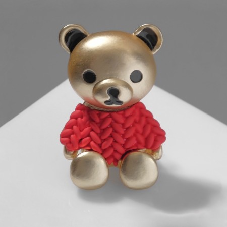 Brooch "Bear" in a sweater, red color in matte gold-2