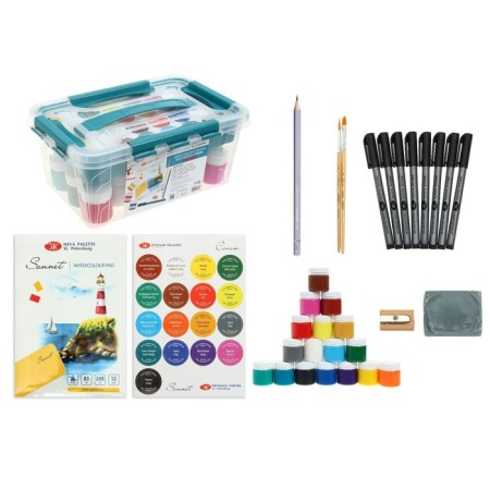 Artistic set for drawing 32 items, ZHK "Sonnet" (gouache 17 colors + Liners 8 pieces + related materials) in plastic boxing