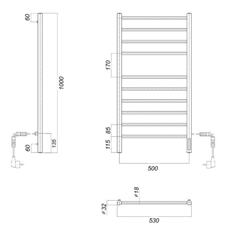 Domoterm electric heated towel rail "Medea" P10, 500x1000 mm, right, black matte-3