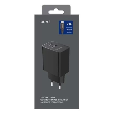Network charger PERO TC02, 2 USB, 2.1 A, MicroUSB cable, black-1